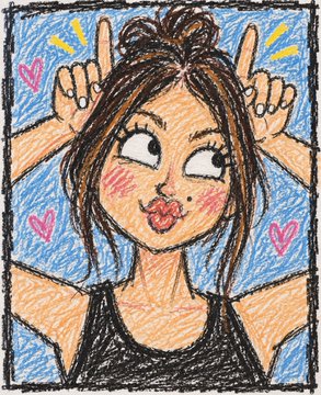 A hand-drawn sketch portrays a young woman winking and making bunny ears with her hands, surrounded by pink hearts on a blue background.