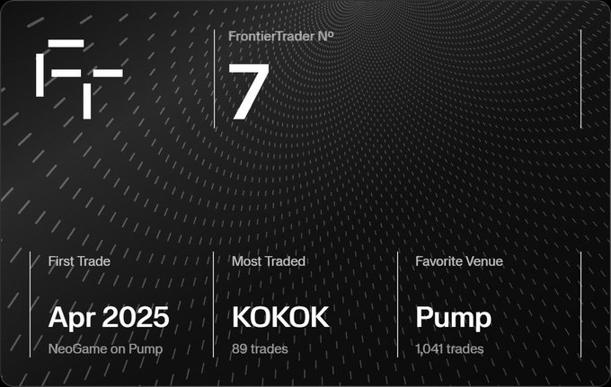 A FrontierTrader profile card displaying user #7, with first trade in April 2025 (NeoGame on Pump), most traded token KOKOK (89 trades), and favorite venue Pump (1,041 trades).