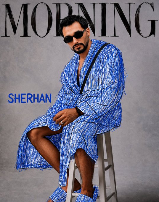 A fashion magazine cover for 'MORNING' features a man in sunglasses wearing a blue wire-textured coat and slippers, seated on a ladder, credited to 'SHERHAN'.