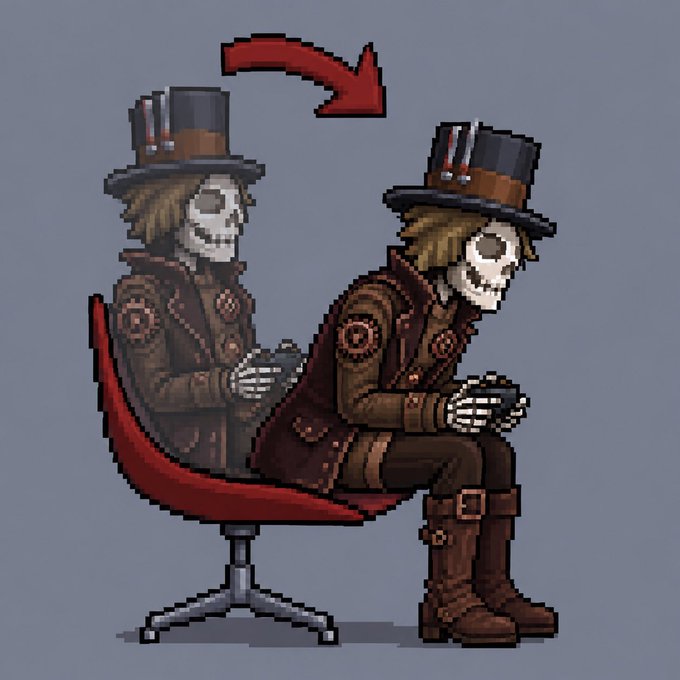 A pixel art illustration shows a skeleton figure in steampunk attire, complete with a top hat and gear-adorned brown coat, being shown how to sit on a red chair through a visual transformation indicated by a red curved arrow.
