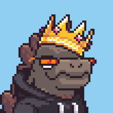 A pixel art portrait of Godzilla wearing a golden crown with pink jewels, its glowing orange eyes and toothy grin conveying smug royalty. The image illustrates the "Kaiju Kingz" NFT collection referenced in the post, depicting the crowned king kaiju that was central to the ponzi-style token loop.