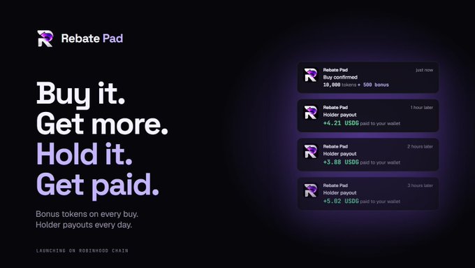 An advertisement for 'Rebate Pad' cryptocurrency token reads 'Buy it. Get more. Hold it. Get paid.' with bonus tokens shown in USDG.
