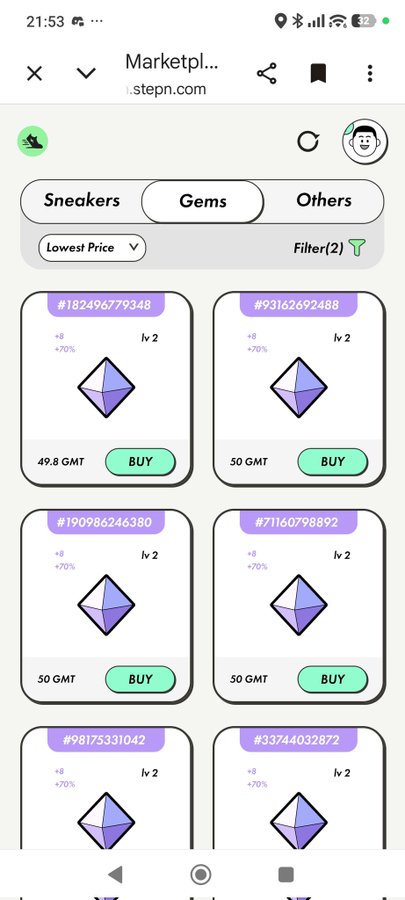 A screenshot of the STEPN marketplace showing the 'Gems' tab with various Level 2 gems listed for sale, priced around 49.8-50 GMT each.