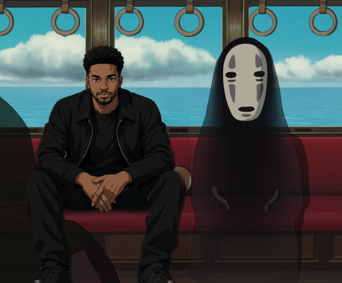 An illustration of a bearded man in black sitting on a red seat next to a figure in a black robe wearing a No-Face (Kaonashi) mask, inside a train with the ocean visible through the windows.