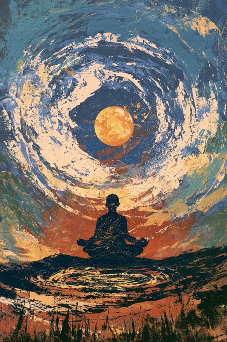 A silhouetted figure meditates in lotus position beneath a swirling, Van Gogh-style night sky with a glowing orange moon, evoking themes of spiritual enlightenment and rebirth. The image visually reinforces the post's tongue-in-cheek claim that "Little Bro" may be the reincarnation of Bitcoin's anonymous creator, Satoshi Nakamoto, through its mystical, transcendent imagery.