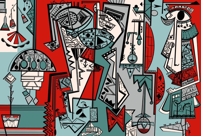 An abstract, colorful illustration in a cubist/Picasso style featuring fragmented figures, geometric shapes, mushrooms, and stylized characters rendered in red, teal, gray, and black.