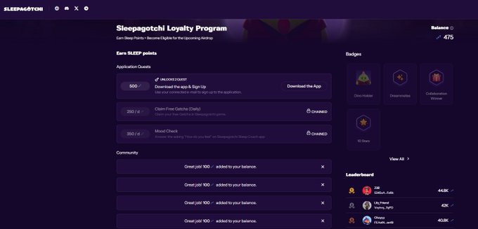 A screenshot of the Sleepagotchi Loyalty Program webpage showing a balance of 475, application quests including 'FALCOIN QUEST' and 'Claim Free Gotchi (Daily)', earned SLP points, badges, and a leaderboard.