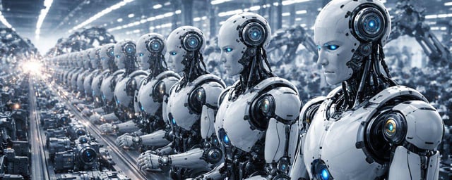 The image shows a row of human-like robots performing identical tasks next to each other, suggesting that they are part of a factory or assembly line setting. The phrase "Why Bitcoin Purists Are Blaming the AI Boom for the $200 Billion Crypto Crash" is present in the image as well. The phrase implies that some people believe the rapid growth of AI and automation might be responsible for the recent crash in cryptocurrency prices, which could impact the overall economy negatively.