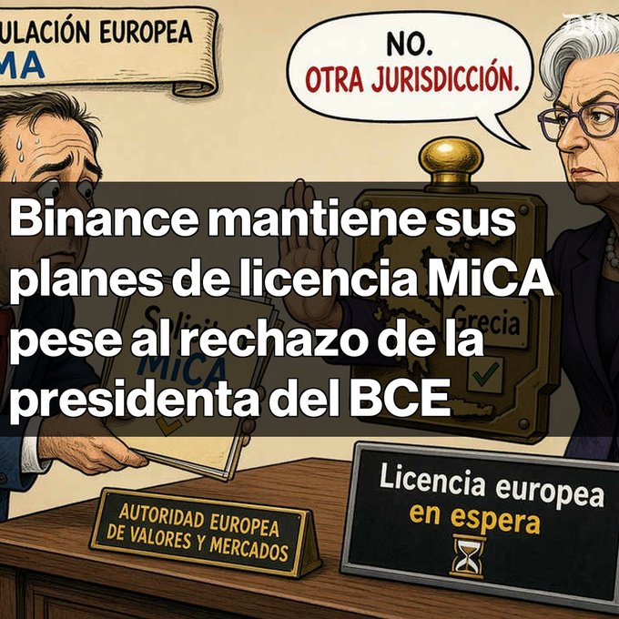 A cartoon illustration with Spanish text stating: 'Binance mantiene sus planes de licencia MiCA pese al rechazo de la presidenta del BCE,' depicting a tense exchange with EU authorities.