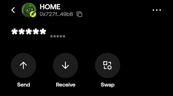 A cryptocurrency wallet app showing a 'HOME' account with an address starting '0x727f...49b8' and Send, Receive, and Swap buttons.