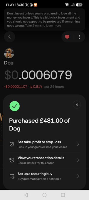 A Binance app screenshot showing a successful purchase of £481.00 of the meme cryptocurrency 'Dog' (DOG) at a price of $0.00006079, down 0.81% in the last 24 hours, with options to set take-profit/stop-loss, view transaction details, or set up a recurring buy.