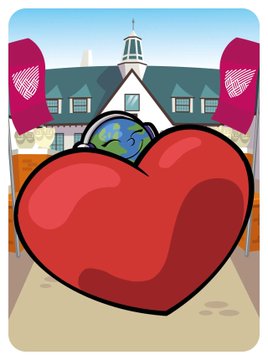 A cartoon illustration of a large red tomato in the foreground with a building and a globe featuring a globe in the background.