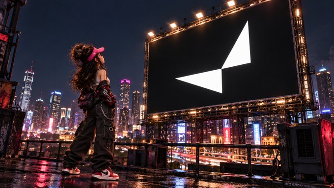 A person with long dark hair and a pink headband stands on a rooftop overlooking a brightly lit city skyline at night, facing a large screen displaying a geometric black and white logo.