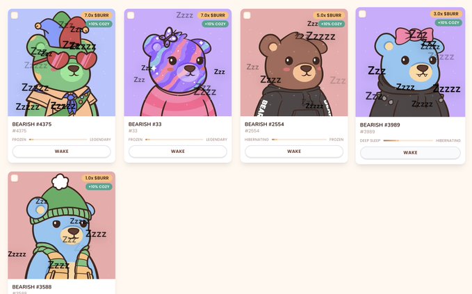 The image displays five collectible "BEARISH" NFT cards (#4375, #33, #2554, #3989, and #3588), each featuring a uniquely designed sleeping cartoon bear with "Zzzz" text and "WAKE" buttons, showing multipliers ranging from 1.0x to 7.0x and status indicators like "LEGENDARY," "FROZEN," and "HIBERNATING." These NFTs appear to represent the @bearish_af collection mentioned in the post, highlighting the project's rarity tiers and gaming utility within the Blinko ecosystem.