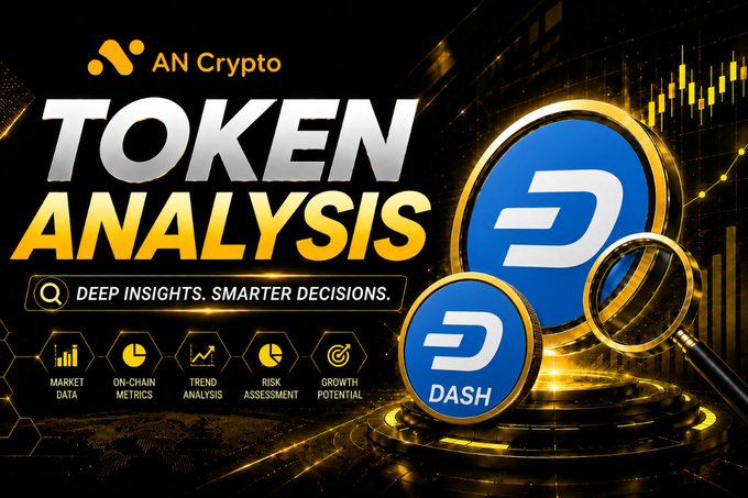 A 'TOKEN ANALYSIS' advertisement by 'AN Crypto' featuring blue DASH cryptocurrency coins with features like 'MARKET DATA' and 'GROWTH POTENTIAL'.