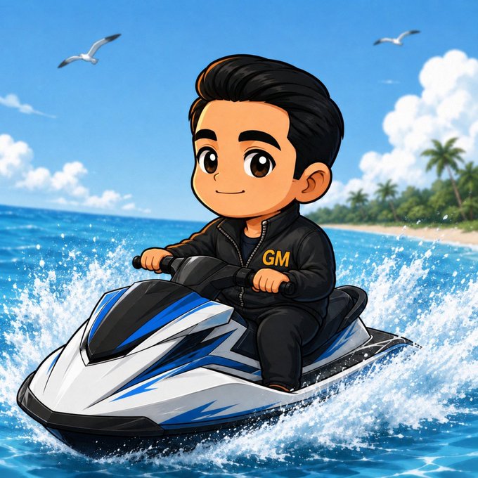 A cartoon/chibi-style illustration of a young boy wearing a black jacket with 'GM' on it, riding a blue and white jet ski on the ocean.
