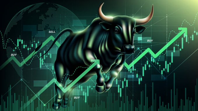 A green-tinted graphic of a bull leaping upward alongside 'BUY' and 'SELL' arrows over stock candlestick charts.