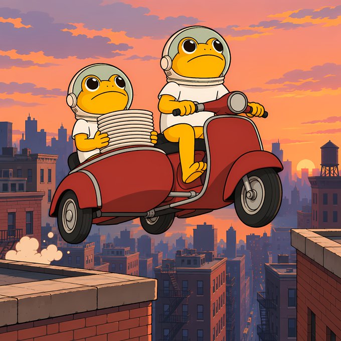 An illustration shows two anthropomorphic frogs wearing space helmets riding a red scooter with a sidecar full of dishes, leaping between city rooftops against a sunset sky.
