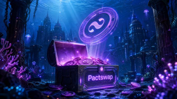 A fantasy underwater scene featuring a glowing treasure chest overflowing with coins, labeled 'Pactswap,' surrounded by coral reefs, jellyfish, and an illuminated portal with a logo above it.