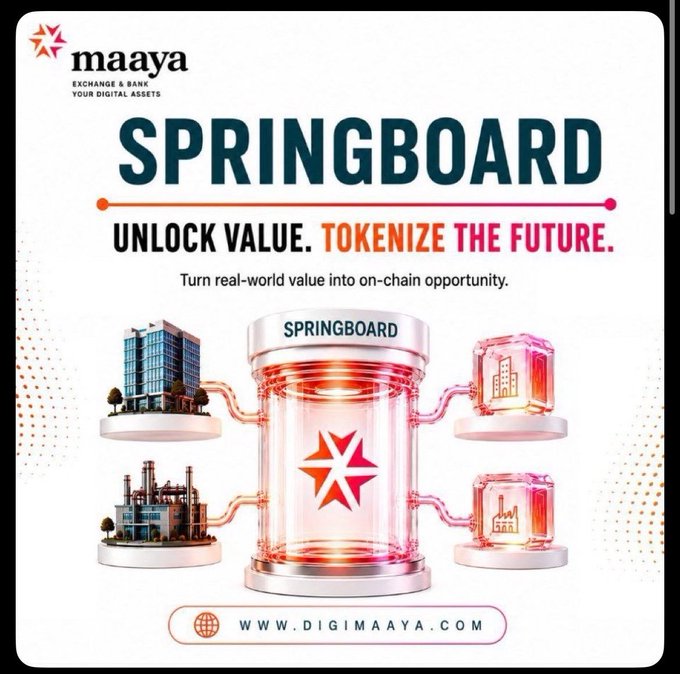 A promotional graphic for "maaya" features the text "SPRINGBOARD" and "UNLOCK VALUE. TOKENIZE THE FUTURE," along with the URL "WWW.DIGIMAAYA.COM."