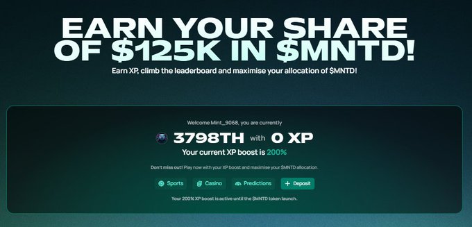 A promotional banner reading 'EARN YOUR SHARE OF $125K IN $MNTD!' showing user Mint_9088 is currently ranked 3798TH with 0 XP, with a 200% XP boost active for Sports, Casino, and Predictions categories.
