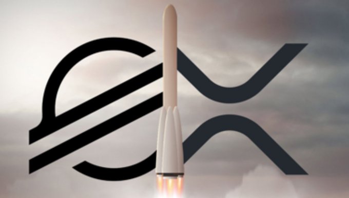 A SpaceX rocket launching vertically with flames at its base, set against a cloudy sky with the company's stylized logo in the background.