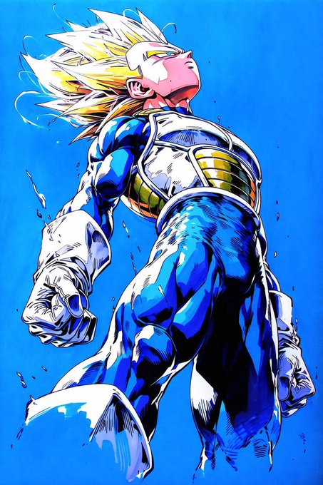 An illustration of the anime character Majin Vegeta from Dragon Ball Z in his Super Saiyan form, depicted with spiky blonde hair and battle-damaged blue and white armor against a blue background.