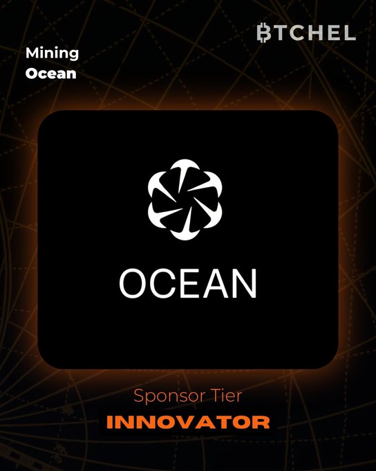 A promotional graphic for 'OCEAN' cryptocurrency on a black background with orange grid lines, sponsored by 'BTCHEL' with 'Mining Ocean' text and labeled as 'Sponsor Tier: INNOVATOR'.