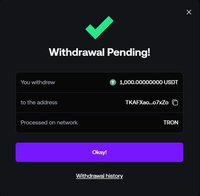 A digital withdrawal confirmation screen displays a green checkmark and the text 'Withdrawal Pending!', showing a withdrawal of '1,000.00000000 USDT' to an address ending in 'o7xZo' processed on the 'TRON' network.