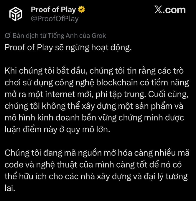 A translated X.com post from Proof of Play (@ProofOfPlay) announcing they are shutting down operations and open-sourcing their code and art.