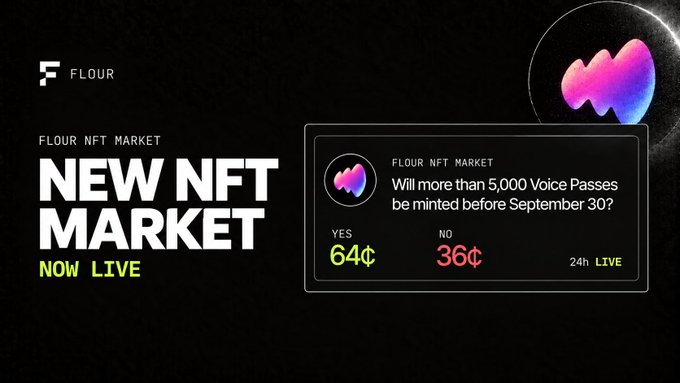 A Flour NFT Market promotional graphic announcing a 'NEW NFT MARKET NOW LIVE' with a prediction market showing 64¢ YES vs 36¢ NO on whether more than 5,000 Voice Passes will be minted before September 30.
