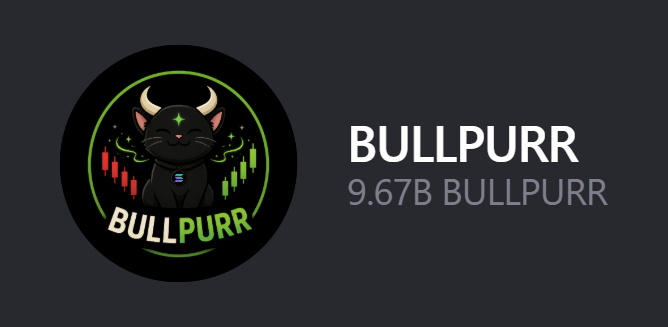 The image features a black circular logo with a cartoon black cat adorned with green horns and a glowing star on its forehead, alongside the text "BULLPURR" — matching the ticker mentioned in the post. Next to the logo, "BULLPURR" is displayed in large white letters with "9.67B BULLPURR" listed below, promoting a giveaway campaign tied to $BULLPURR engagement for $SOL.