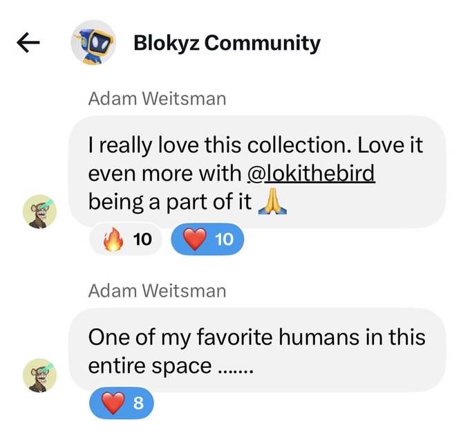 A screenshot of the 'Blokyz Community' chat shows Adam Weitsman commenting 'I really love this collection' and tagging @lokithebird, along with other messages.