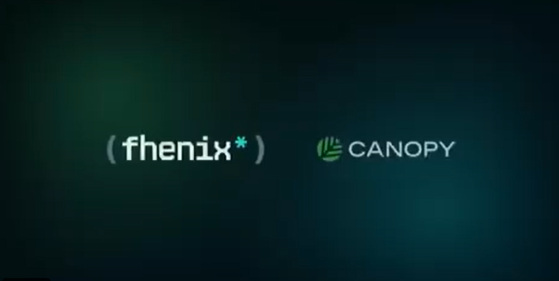 A logo display on a dark teal background showing the text '(fhenix*)' next to a green hand icon and the word 'CANOPY'.