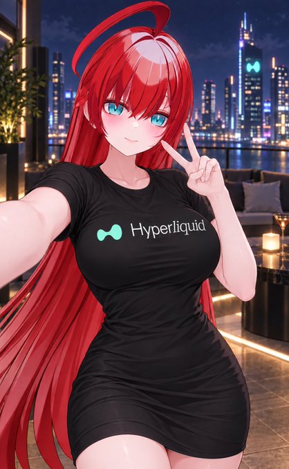 An anime-style illustration of a red-haired girl with a halo, wearing a black 'Hyperliquid' t-shirt dress and making a peace sign against a nighttime city skyline backdrop.