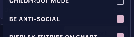 This image shows a settings menu with three labeled options featuring toggle switches: "CHILDPROOF MODE," "BE ANTI-SOCIAL," and a partially visible "DISPLAY ENTRIES ON CHART." The post's instruction to "uncheck the box" likely refers to disabling one of these toggle options, possibly the "BE ANTI-SOCIAL" feature given the context.