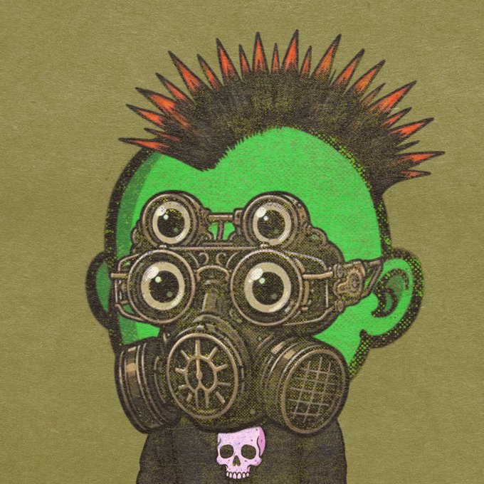 Illustration of a green-skinned character with a red mohawk wearing a multi-lensed mechanical gas mask and a skull pendant on an olive green background.