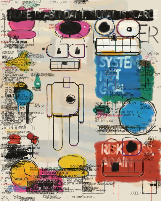 A mixed-media abstract painting featuring stylized cartoon faces, dripping paint effects, and handwritten text including the phrase 'NO ONE IS ABUNDANT, SIGNAL IS SCARCE' at the top.