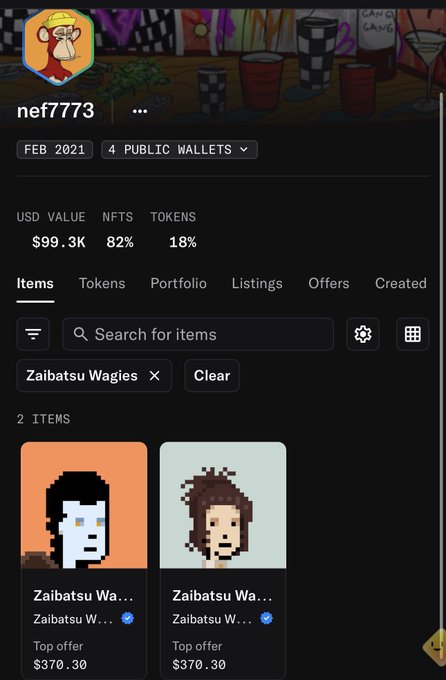 Screenshot of the nef7773 NFT portfolio profile showing a USD value of $99.3K, with a search filtered for 'Zaibatsu Wages' displaying two pixel art character NFTs.