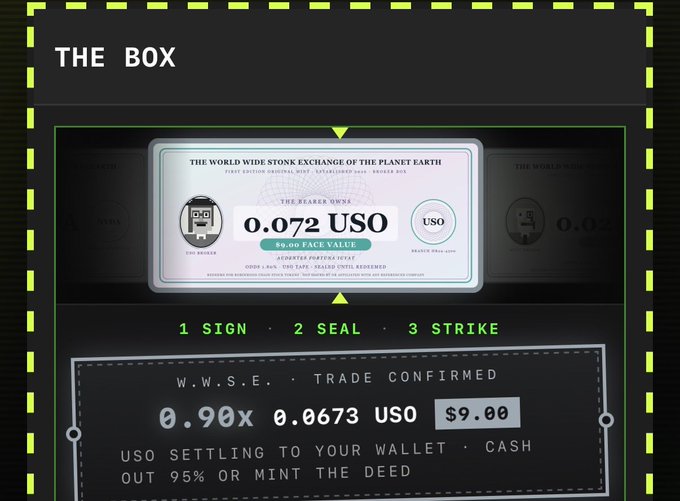 A digital interface titled 'THE BOX' showing a 'World Wide Stonk Exchange' certifibot for 0.072 USO, with a trade confirmation of 0.90 x 0.0673 USO totaling $9.00.
