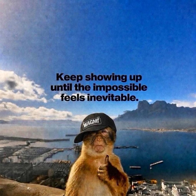 A motivational meme featuring a monkey wearing a 'WAGMI' cap with the text 'Keep showing up until the impossible feels inevitable,' set against a coastal city backdrop.