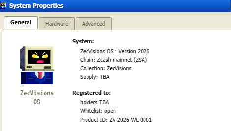 The image displays a "System Properties" dialog box for "ZecVisions OS · Version 2026" on the Zcash mainnet (ZSA), featuring ZecVisions branding and product ID ZV-2026-WL-0001. This supports the post announcing 20 FCFS (First Come First Served) whitelist spots for the $ZEC project's ZecVisions collection, showing the technical system details behind the allocation.