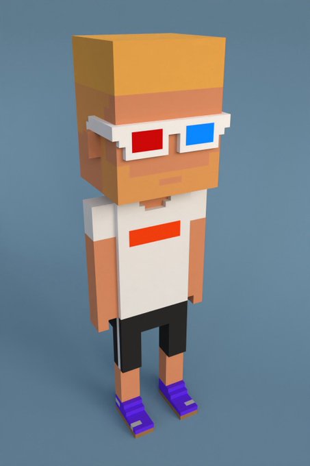 A 3D voxel-style character with a blocky orange head, red and blue 3D glasses, a white shirt with an orange stripe, black pants, and purple shoes against a blue background.