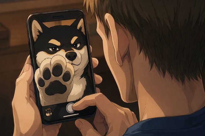 In an anime-style illustration, a person holds up a smartphone to take a photo of a black Shiba Inu dog, whose paw is playfully extended toward the camera lens as if blocking the shot—perfectly matching the "No paparazzi, please" caption accompanying the $MANYU #ManyuArmy post.