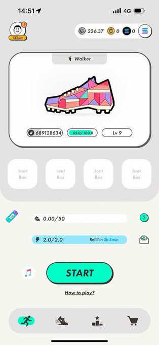 This screenshot from the mobile game STEPN displays a 'Walker' shoe (Level 9, 85.0/100.0 durability) with a 'START' button, visually illustrating the 'expensive shoes' and gameplay mechanics referenced in the text about the game's Ponzi scheme reputation.