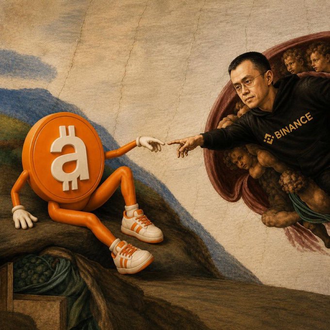 An artistic parody of Michelangelo's 'Creation of Adam' featuring a man wearing a 'BINANCE' hoodie on the right, pointing toward an orange Bitcoin coin character wearing white sneakers on the left.