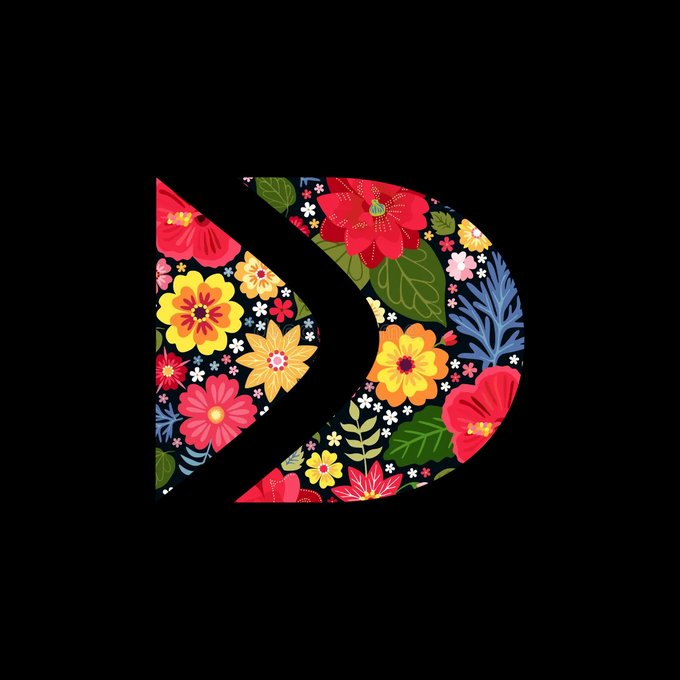 A stylized circular logo filled with colorful flowers against a black background.