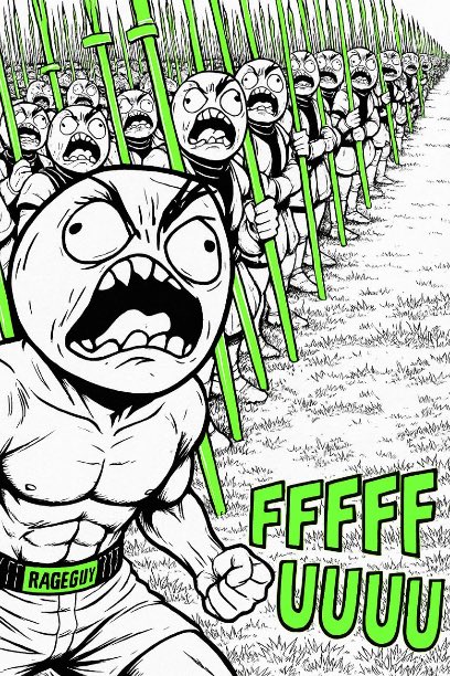 A black and white manga-style illustration of angry, screaming characters holding green swords, with the text 'FFFFF UUUU' in green and 'RAGEGUY' on the foreground character's underwear.