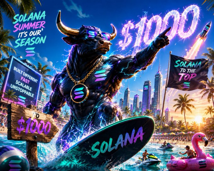 A vibrant digital illustration advertises 'Solana Summer - It's Our Season' featuring a bull wearing Solana sunglasses surfing above a beach with neon '$1000' signage.
