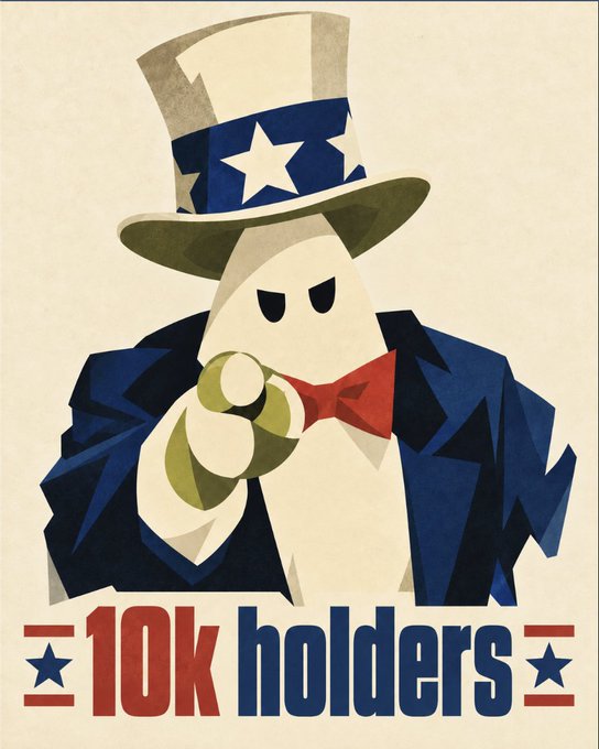 A stylized Uncle Sam-style figure pointing forward wears a patriotic star-spangled top hat and bow tie, with the text "10K HOLDERS" displayed prominently below in bold red and blue lettering. The image celebrates Shroom Network (@shroom_network) reaching a milestone of 10,000 holders, using the classic Americana imagery to convey national-pride-style enthusiasm for the cryptocurrency's growing community and the 1.35% $SHROOM supply burn.